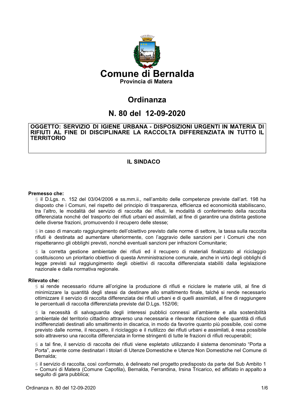 Ordinanza N. 80 Del 12-09-2020