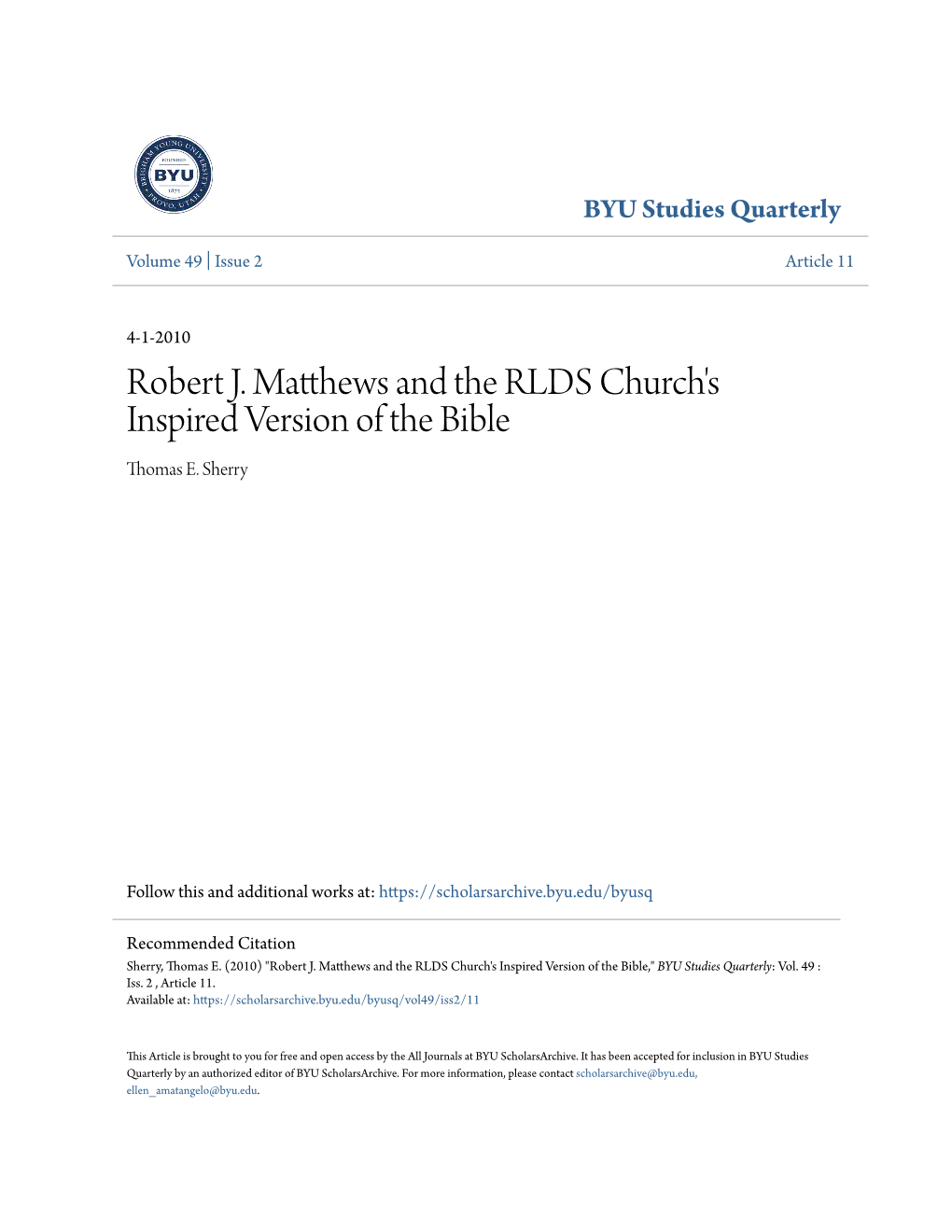 Robert J. Matthews and the RLDS Church's Inspired Version of the Bible Thomas E