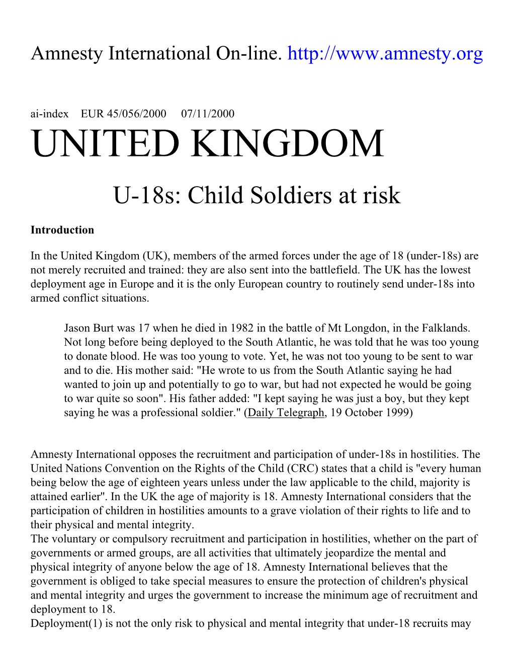 UNITED KINGDOM U-18S: Child Soldiers at Risk