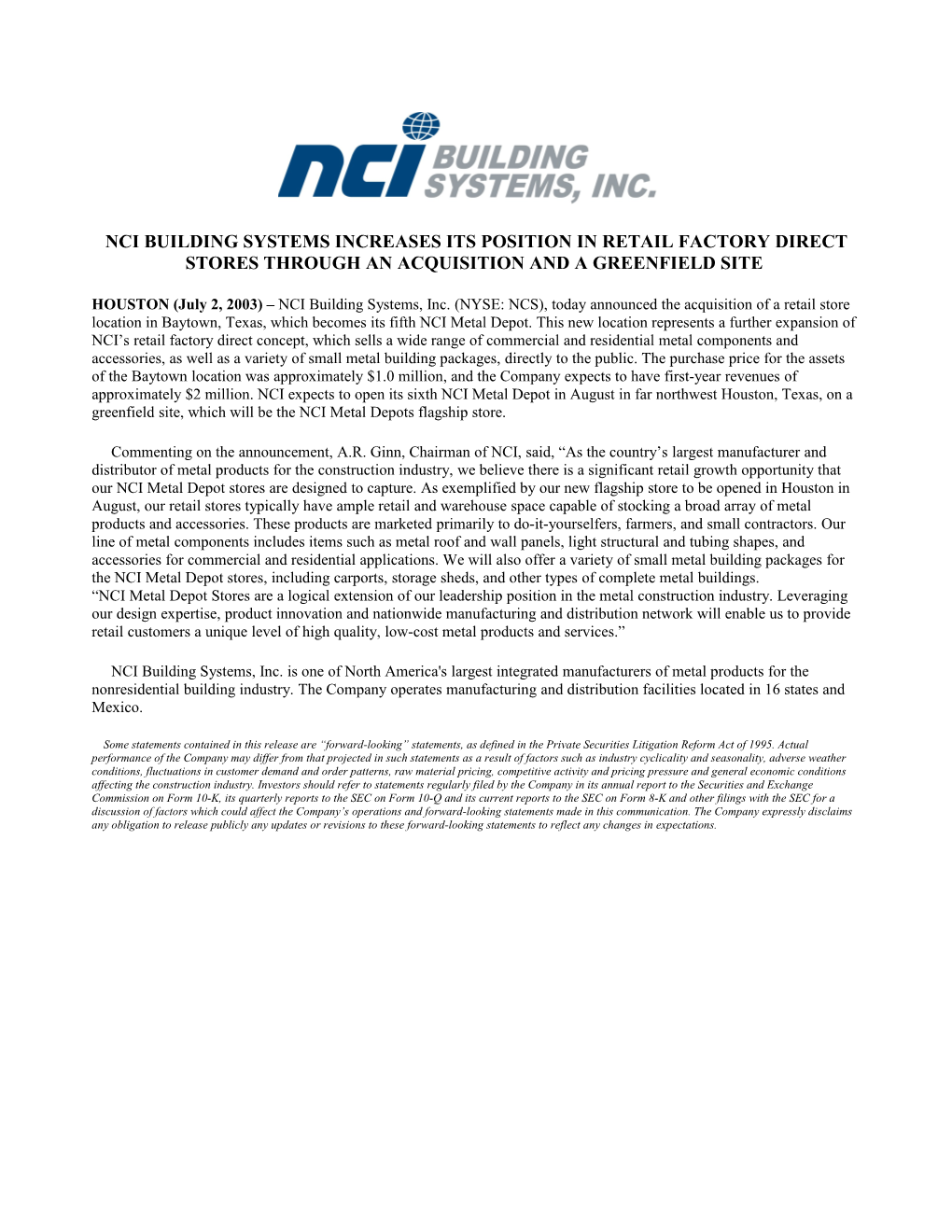 2003 News Release - NCI Building Systems