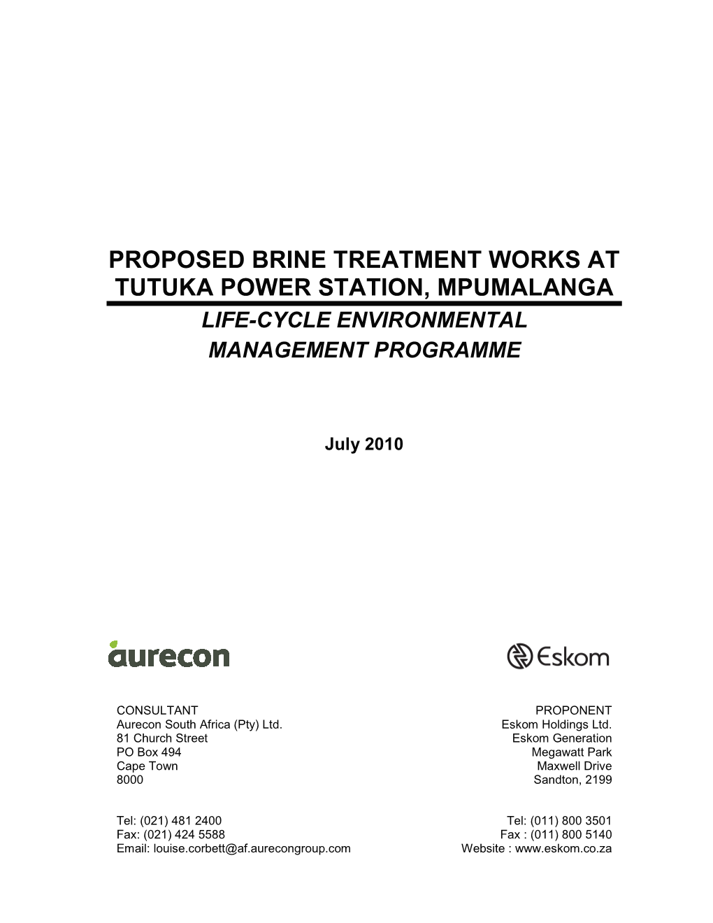 Proposed Brine Treatment Works at Tutuka Power Station, Mpumalanga Life-Cycle Environmental Management Programme