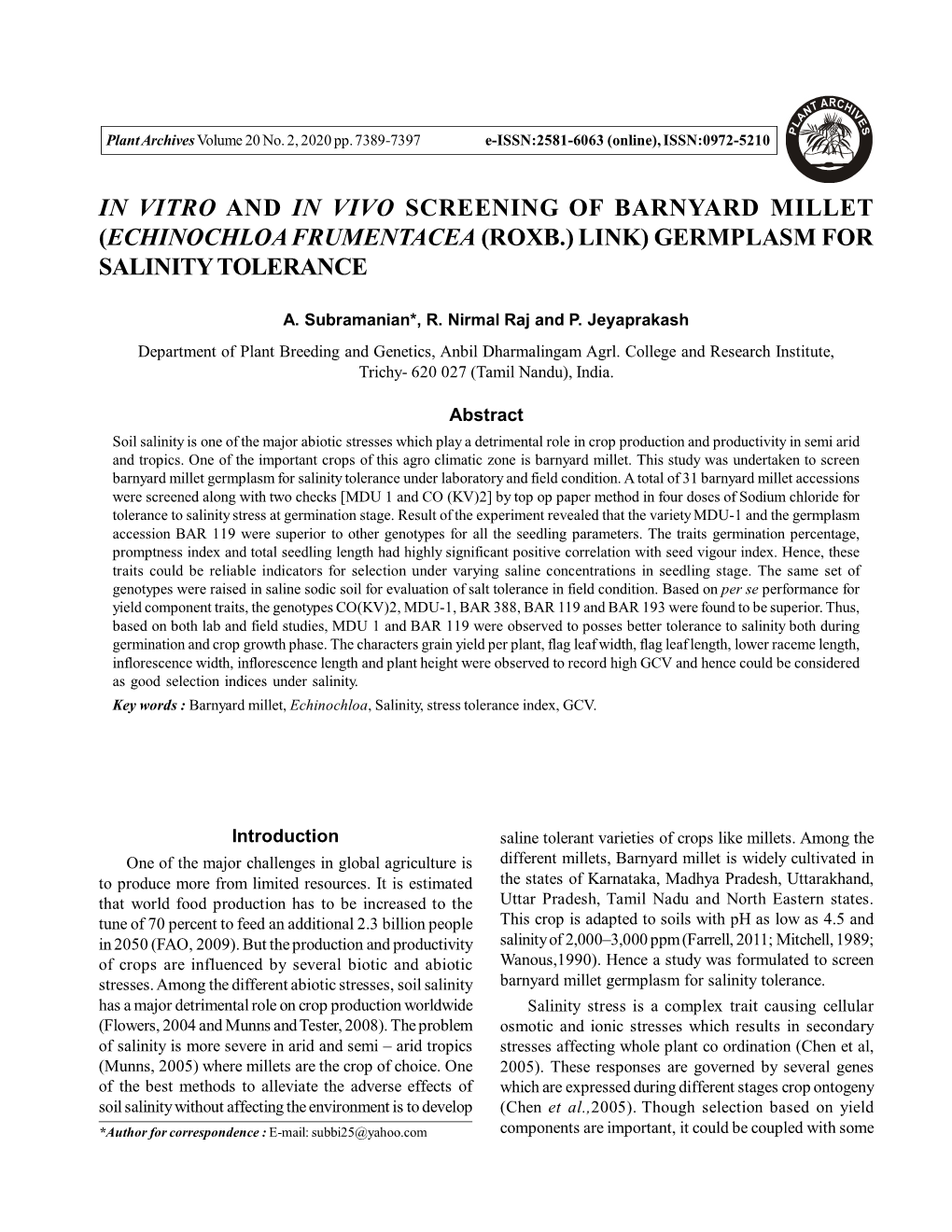 (Echinochloa Frumentacea (Roxb.) Link) Germplasm for Salinity Tolerance