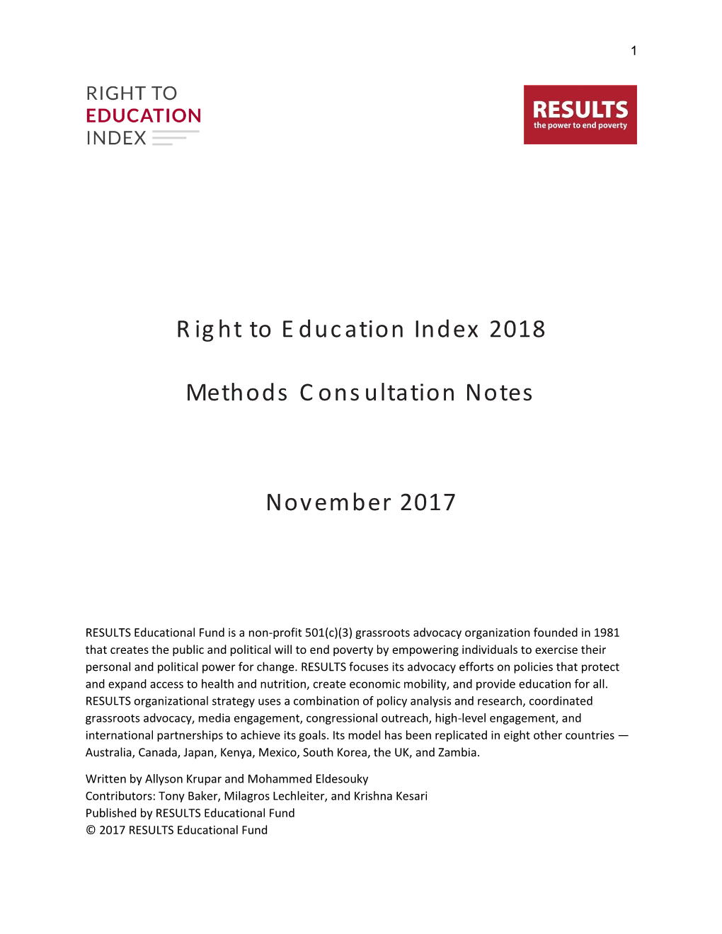 Right to Education Index 2018 Methods Consultation Notes