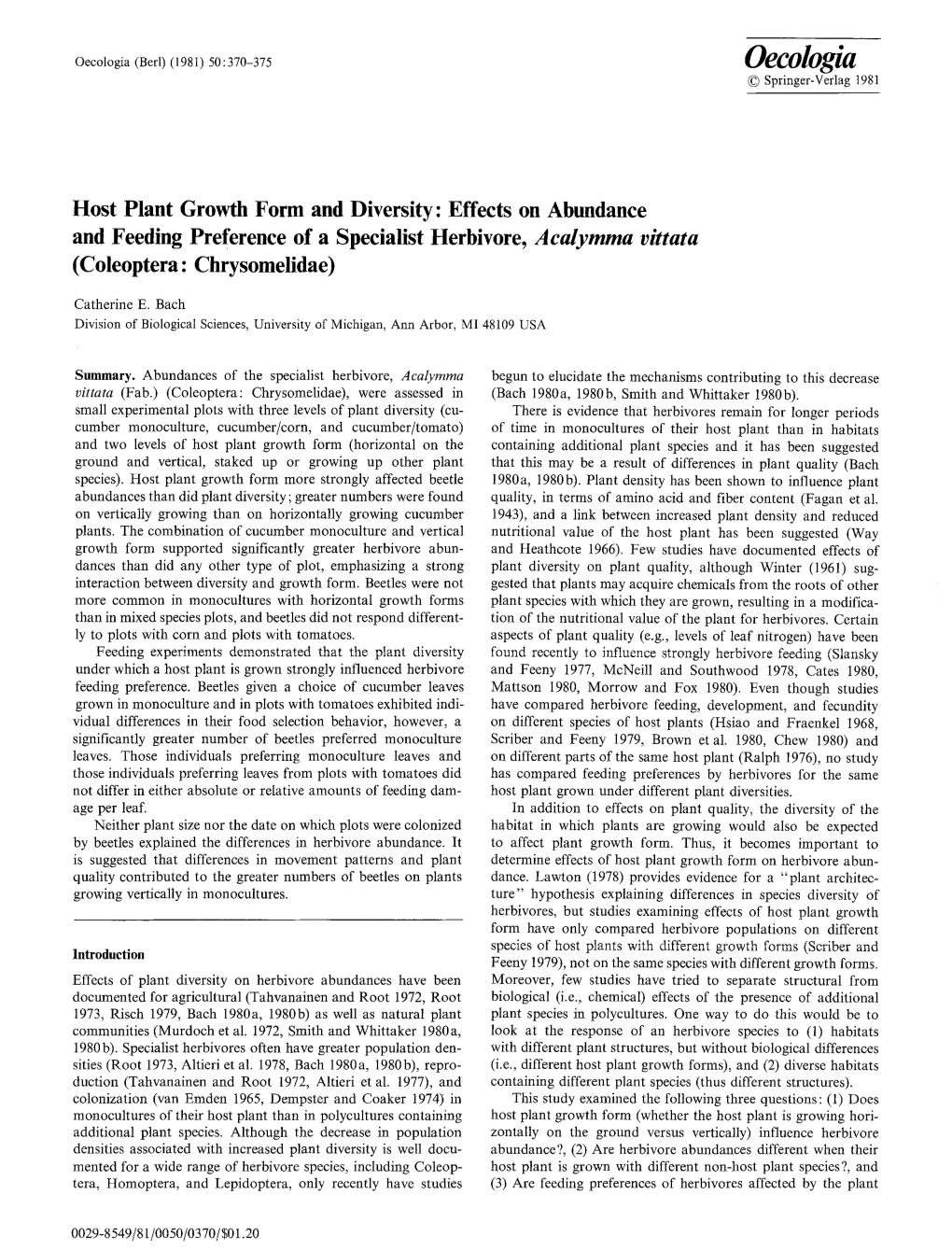 Host Plant Growth Form and Diversity: Effects on Abundance and Feeding Preference of a Specialist Herbivore, a Calymma Vittata (Coleoptera: Chrysomelidae)