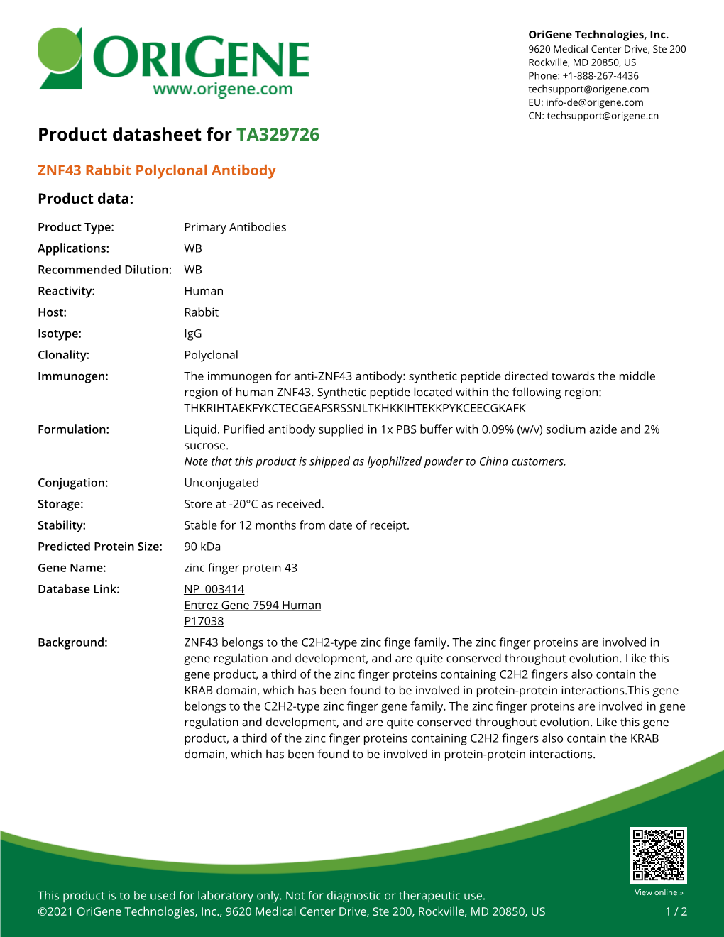 ZNF43 Rabbit Polyclonal Antibody – TA329726 | Origene