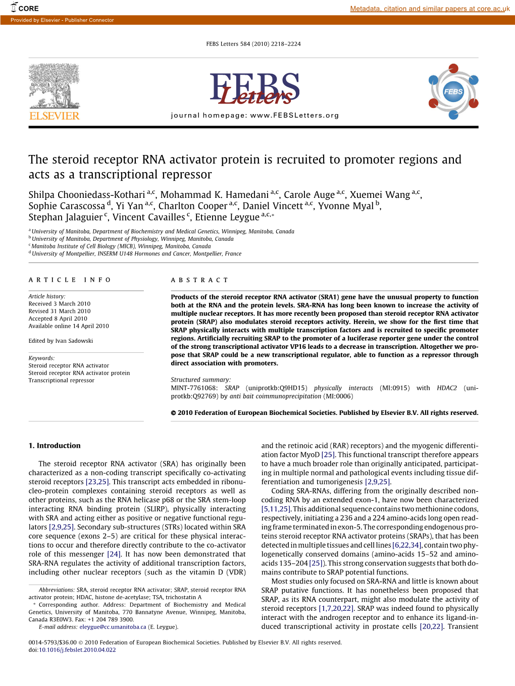 The Steroid Receptor RNA Activator Protein Is Recruited to Promoter Regions and Acts As a Transcriptional Repressor