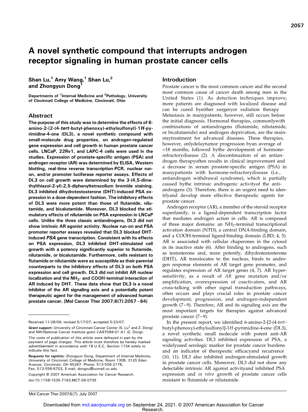 A Novel Synthetic Compound That Interrupts Androgen Receptor Signaling in Human Prostate Cancer Cells