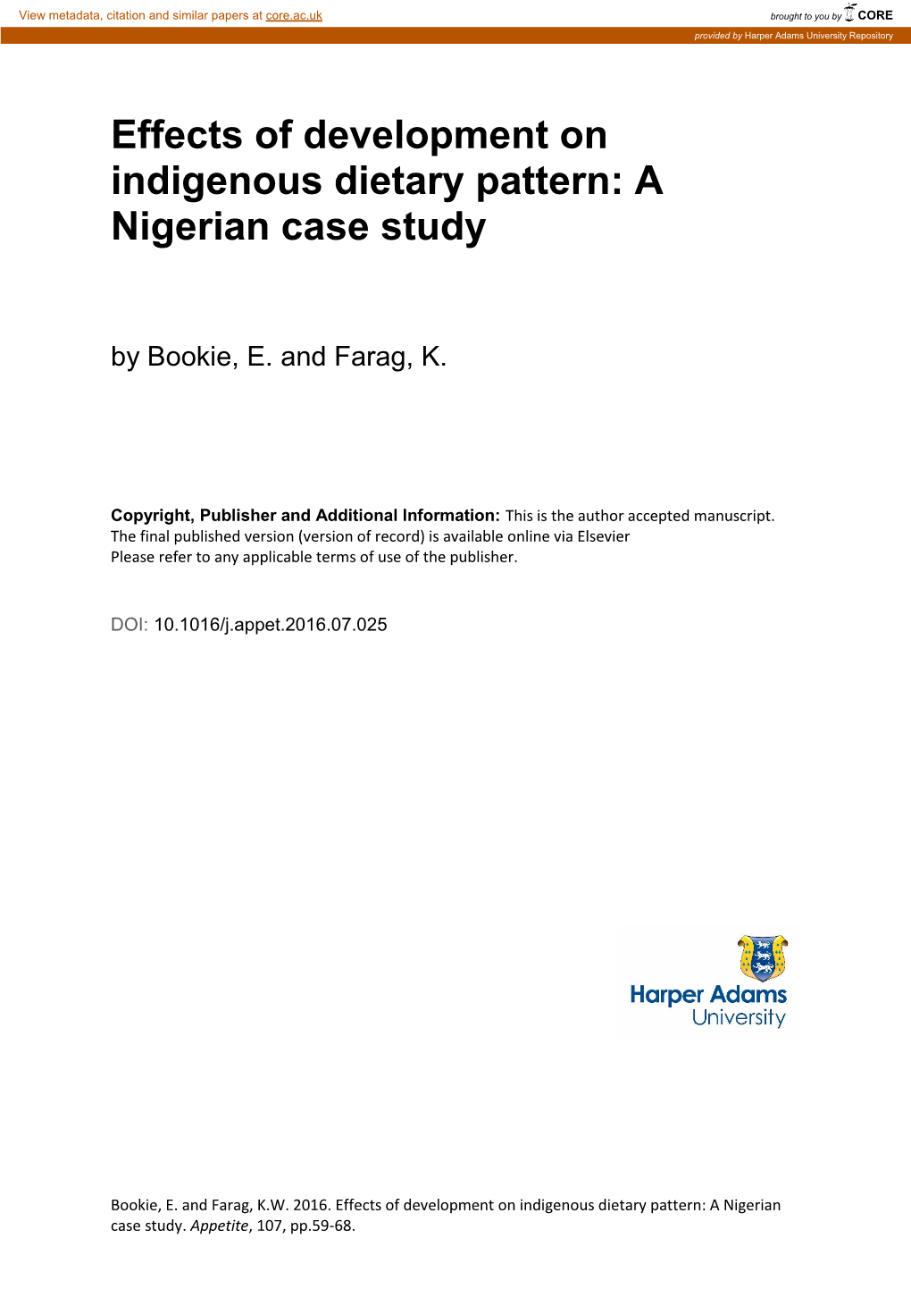 Effects of Development on Indigenous Dietary Pattern: a Nigerian Case Study