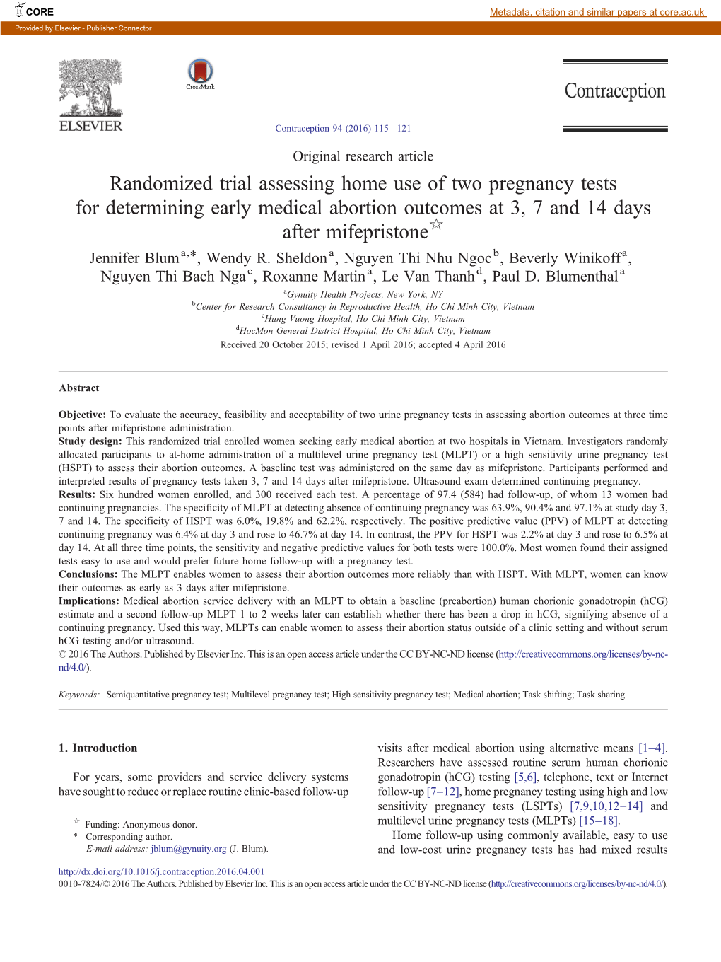 Randomized Trial Assessing Home Use of Two Pregnancy Tests For