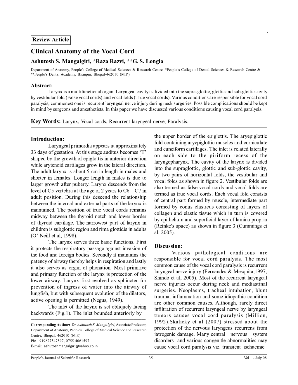 Clinical Anatomy of the Vocal Cord Ashutosh S