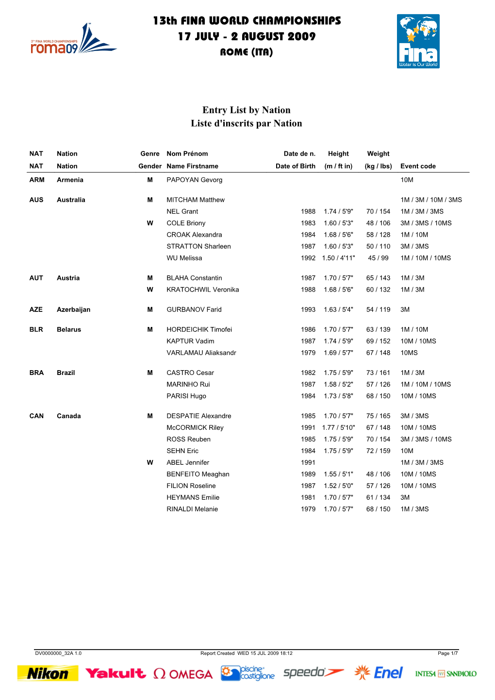 13Th FINA WORLD CHAMPIONSHIPS 17 JULY - 2 AUGUST 2009 ROME (ITA)