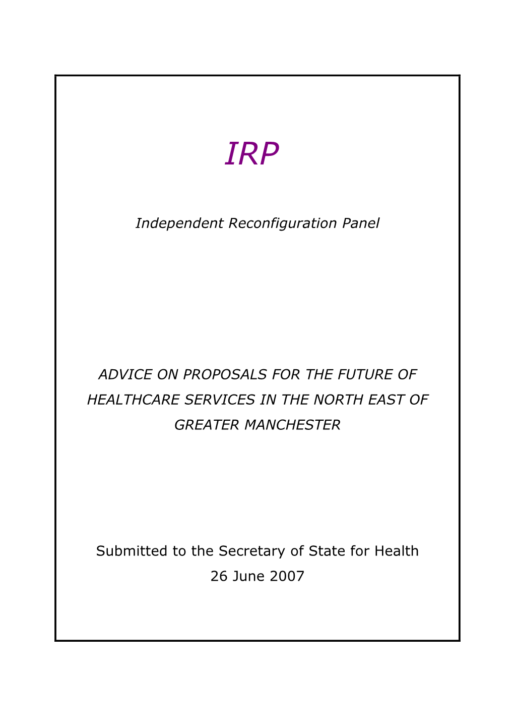 Advice on Proposals for the Future of Healthcare Services in the North East of Greater Manchester