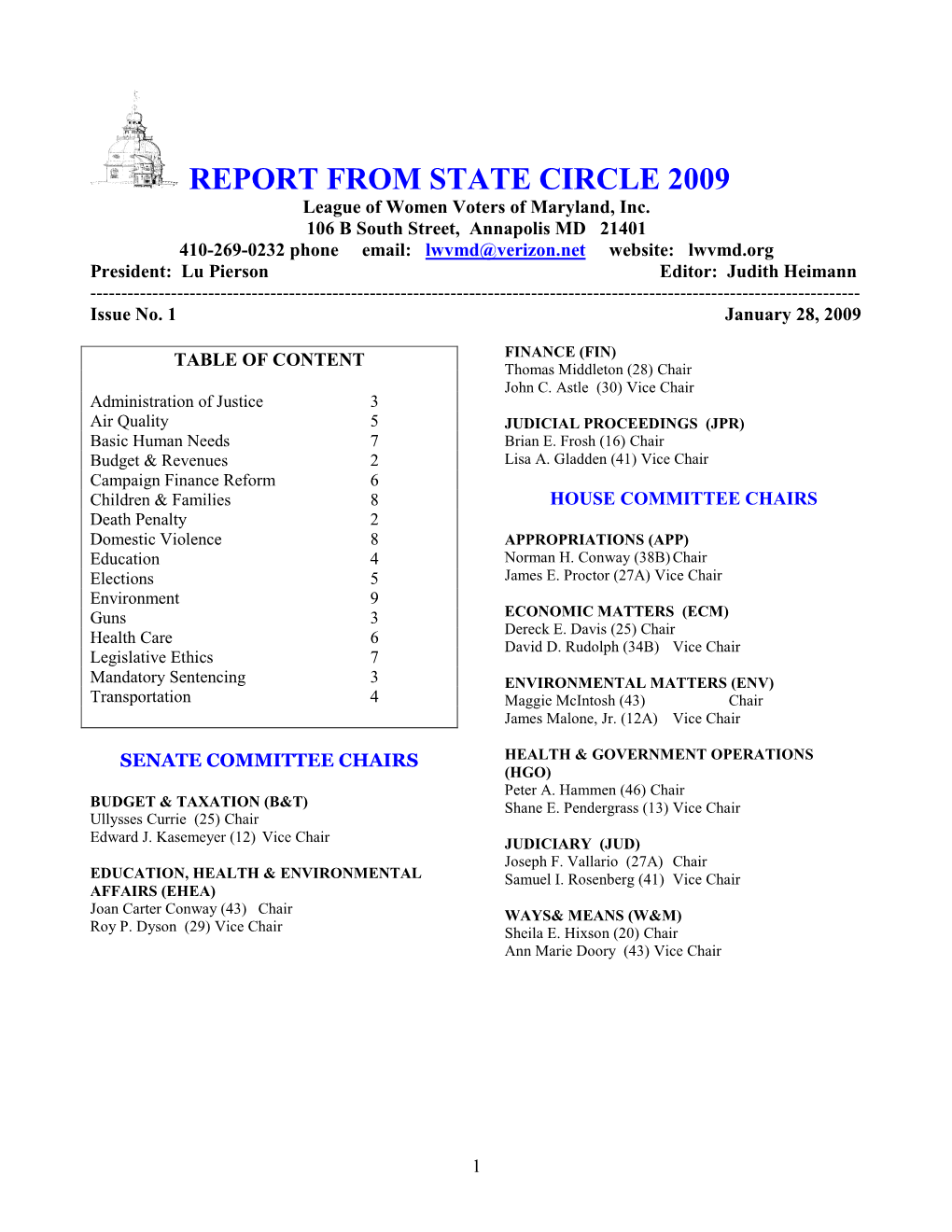 REPORT from STATE CIRCLE 2009 League of Women Voters of Maryland, Inc