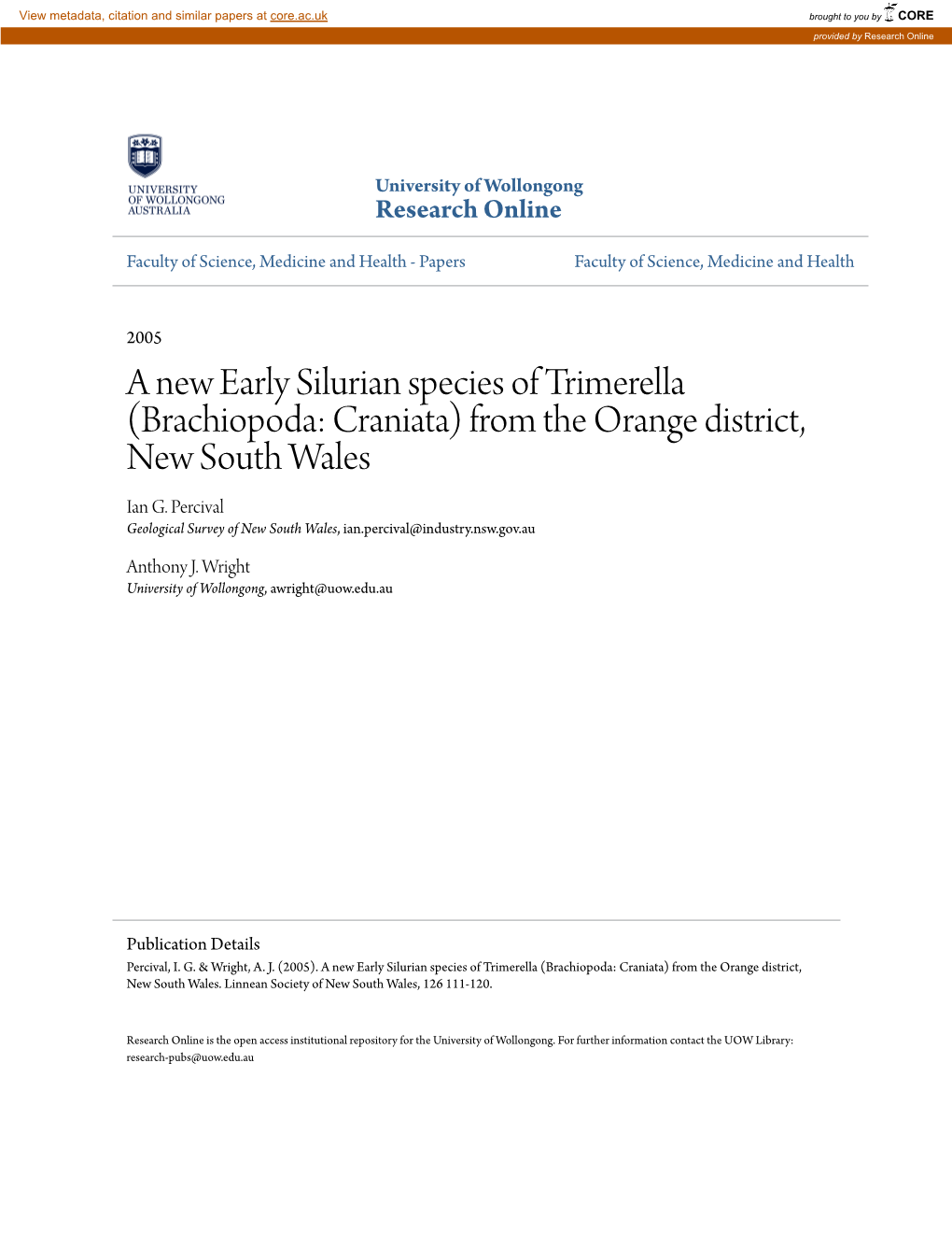 A New Early Silurian Species of Trimerella (Brachiopoda: Craniata) from the Orange District, New South Wales Ian G