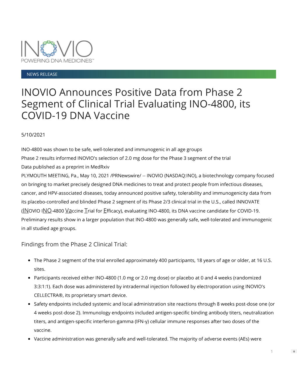 INOVIO Announces Positive Data from Phase 2 Segment of Clinical Trial Evaluating INO-4800, Its COVID-19 DNA Vaccine