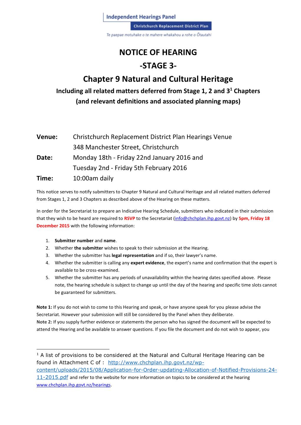 NOTICE of HEARING -STAGE 3- Chapter 9 Natural and Cultural