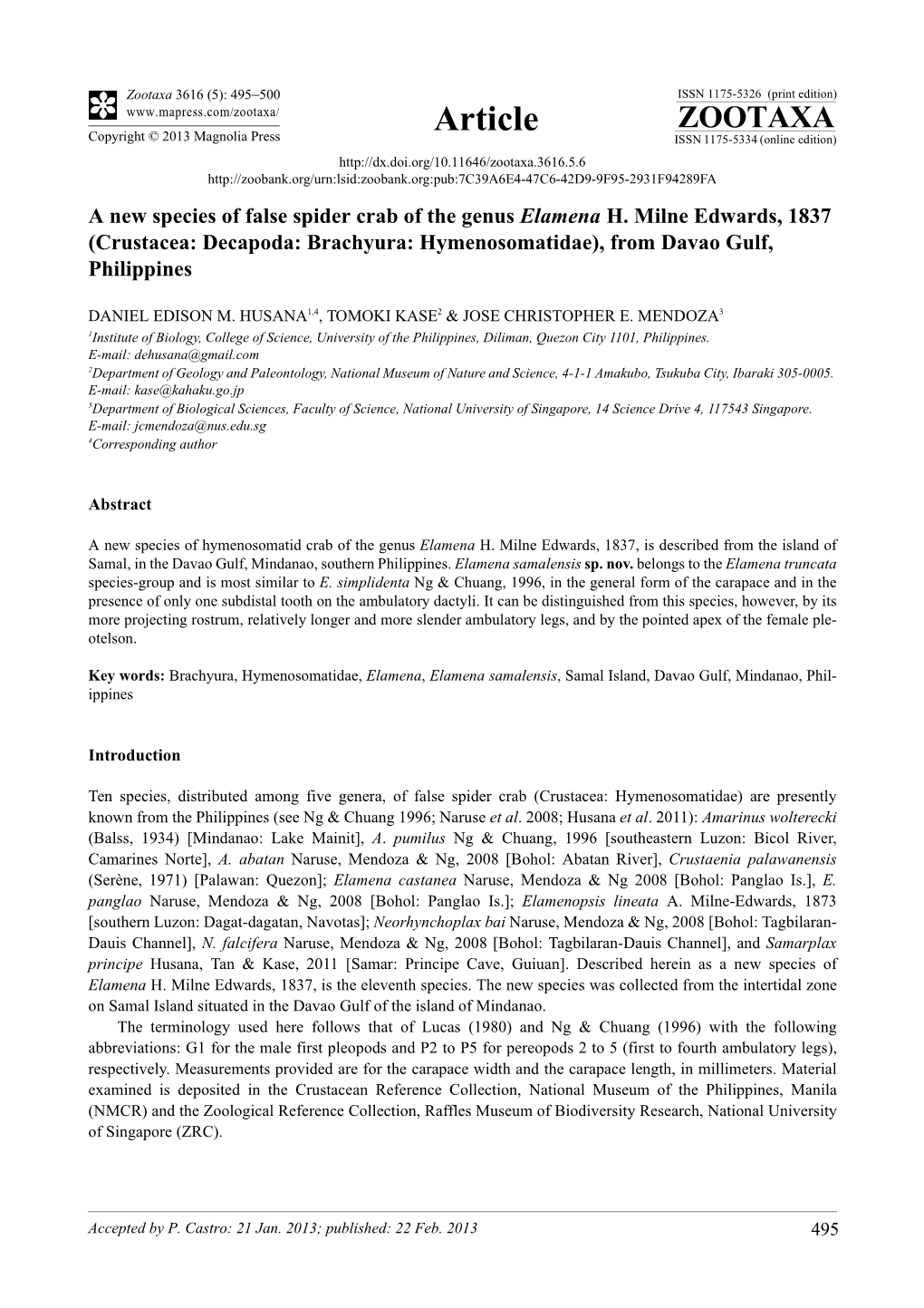 A New Species of False Spider Crab of the Genus Elamena H