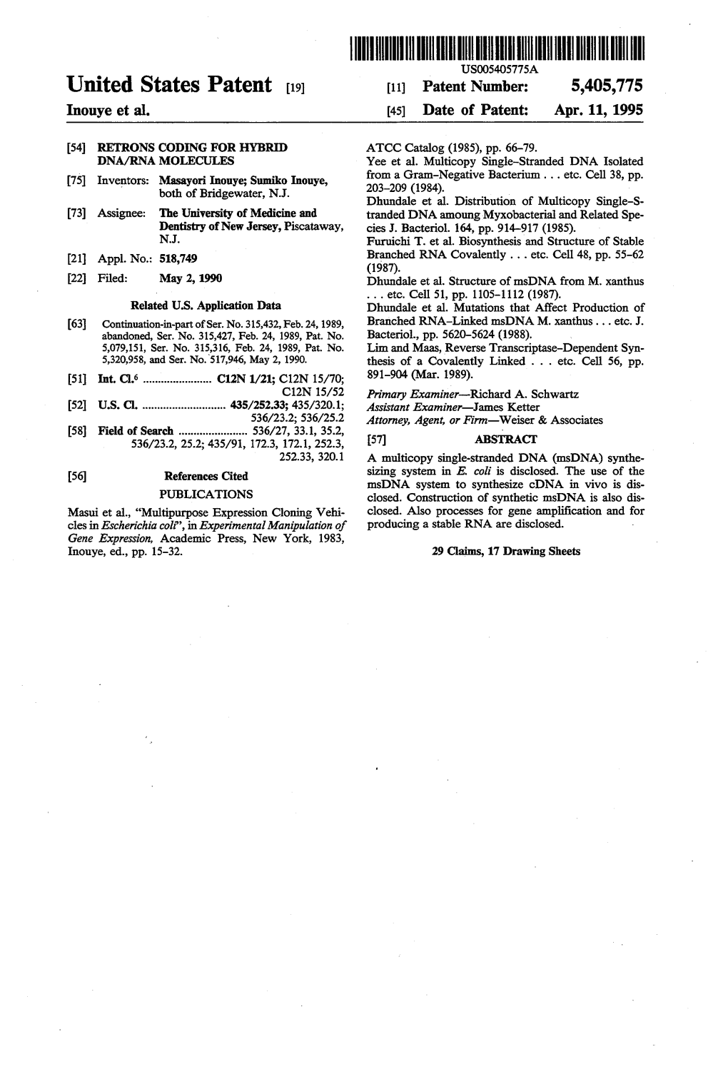 United States Patent (19) 11 Patent Number: 5,405,775 Inouye Et Al