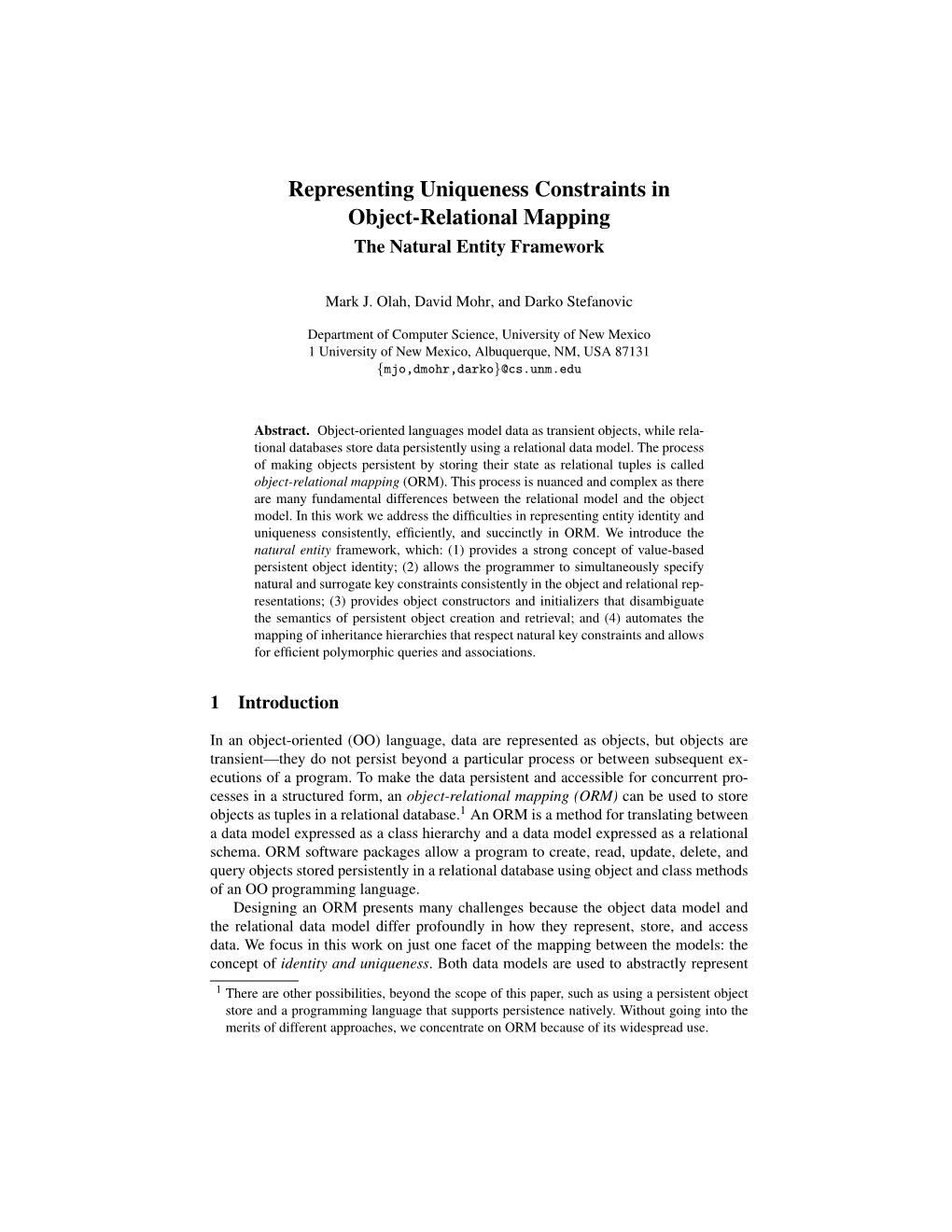 Representing Uniqueness Constraints in Object-Relational Mapping the Natural Entity Framework