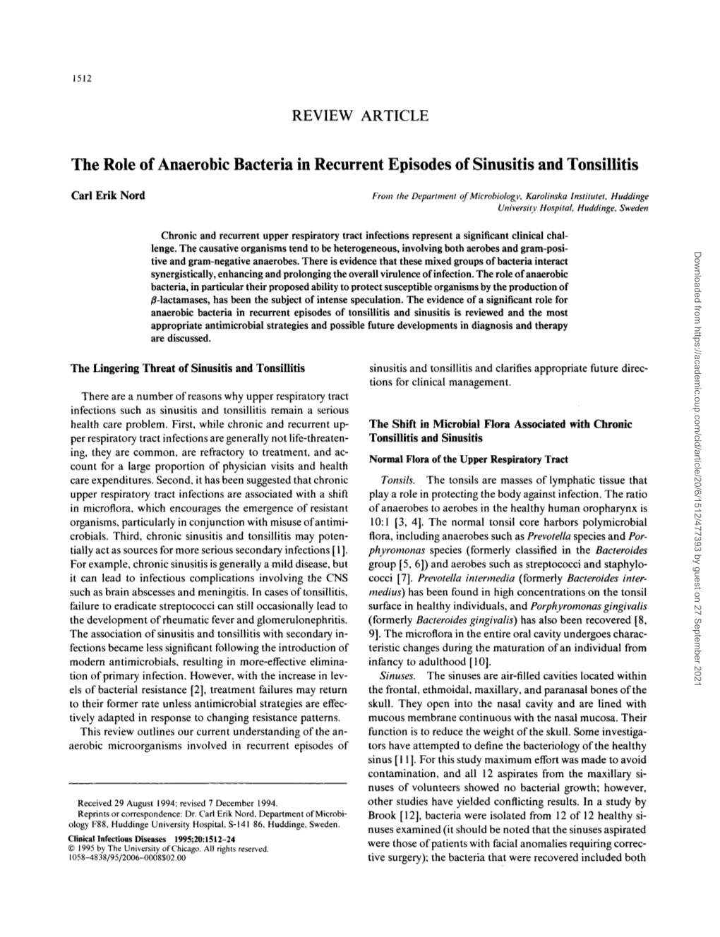 The Role of Anaerobic Bacteria in Recurrent Episodes of Sinusitis and Tonsillitis