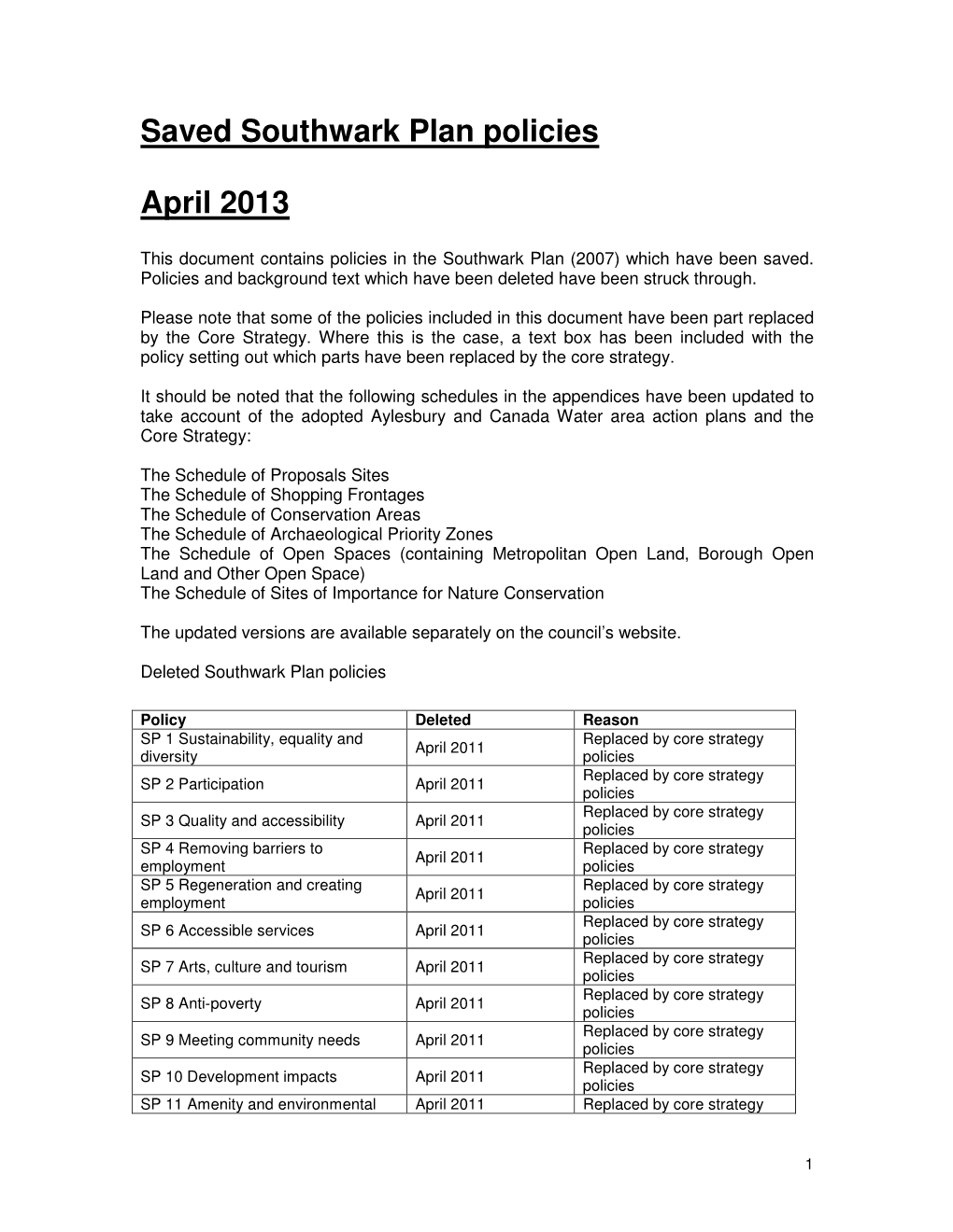 Saved Southwark Plan Policies April 2013