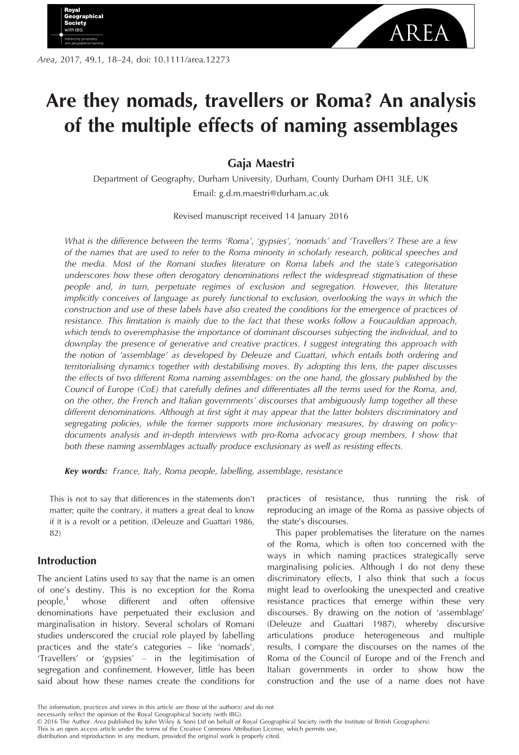 Are They Nomads, Travellers Or Roma? an Analysis of the Multiple Effects of Naming Assemblages