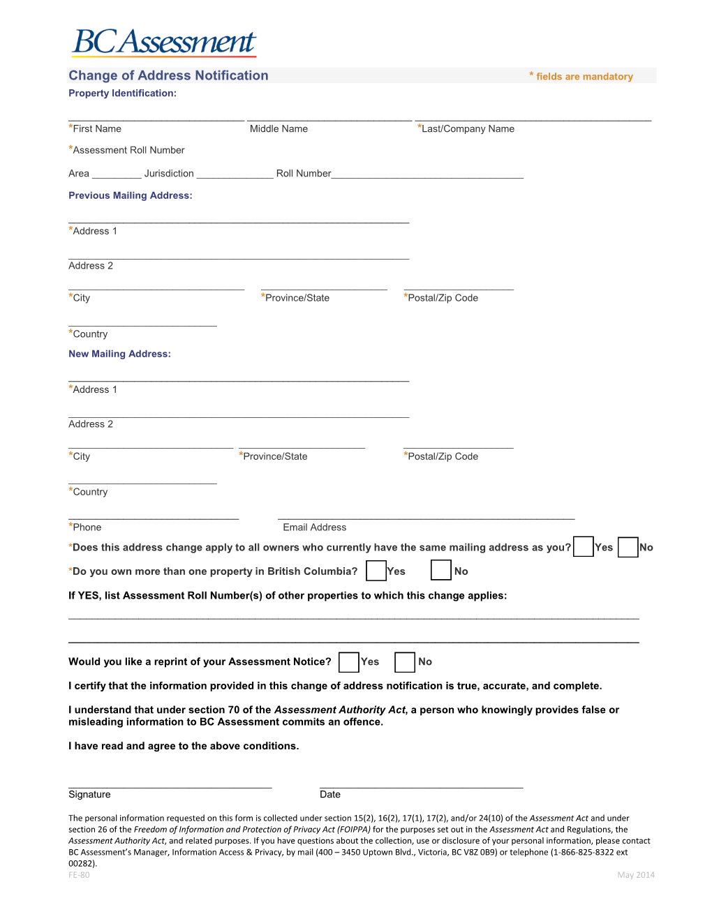 Change of Address Notification (BC Assessment)