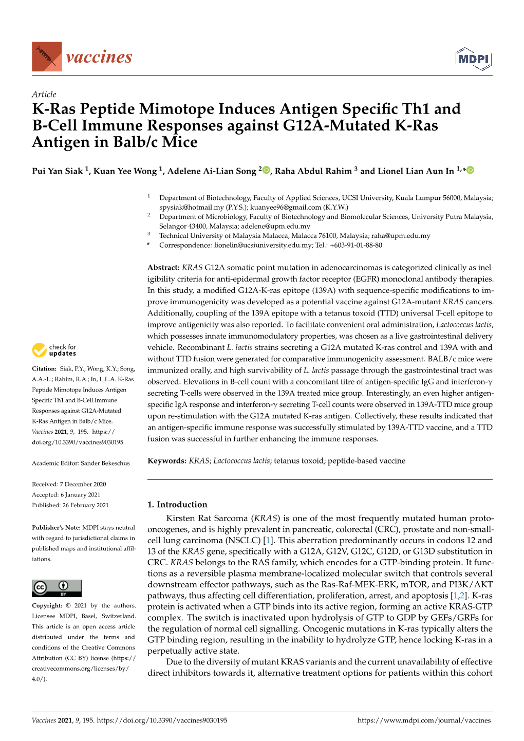 K-Ras Peptide Mimotope Induces Antigen Specific Th1 and B-Cell Immune Responses Against G12A-Mutated K-Ras Antigen in Balb/C