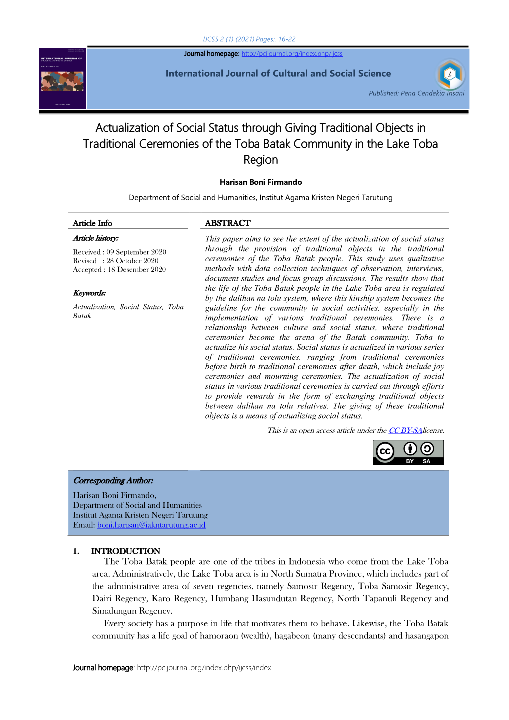 Actualization of Social Status Through Giving Traditional Objects in Traditional Ceremonies of the Toba Batak Community in the Lake Toba Region