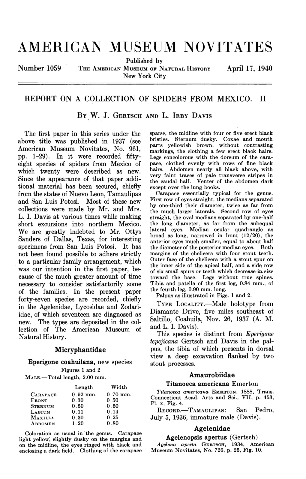 AMERICAN MUSEUM NOVITATES Published by Number 1059 the AMERICAN MUSEUM of NATURAL HISTORY April 17, 1940 New York City