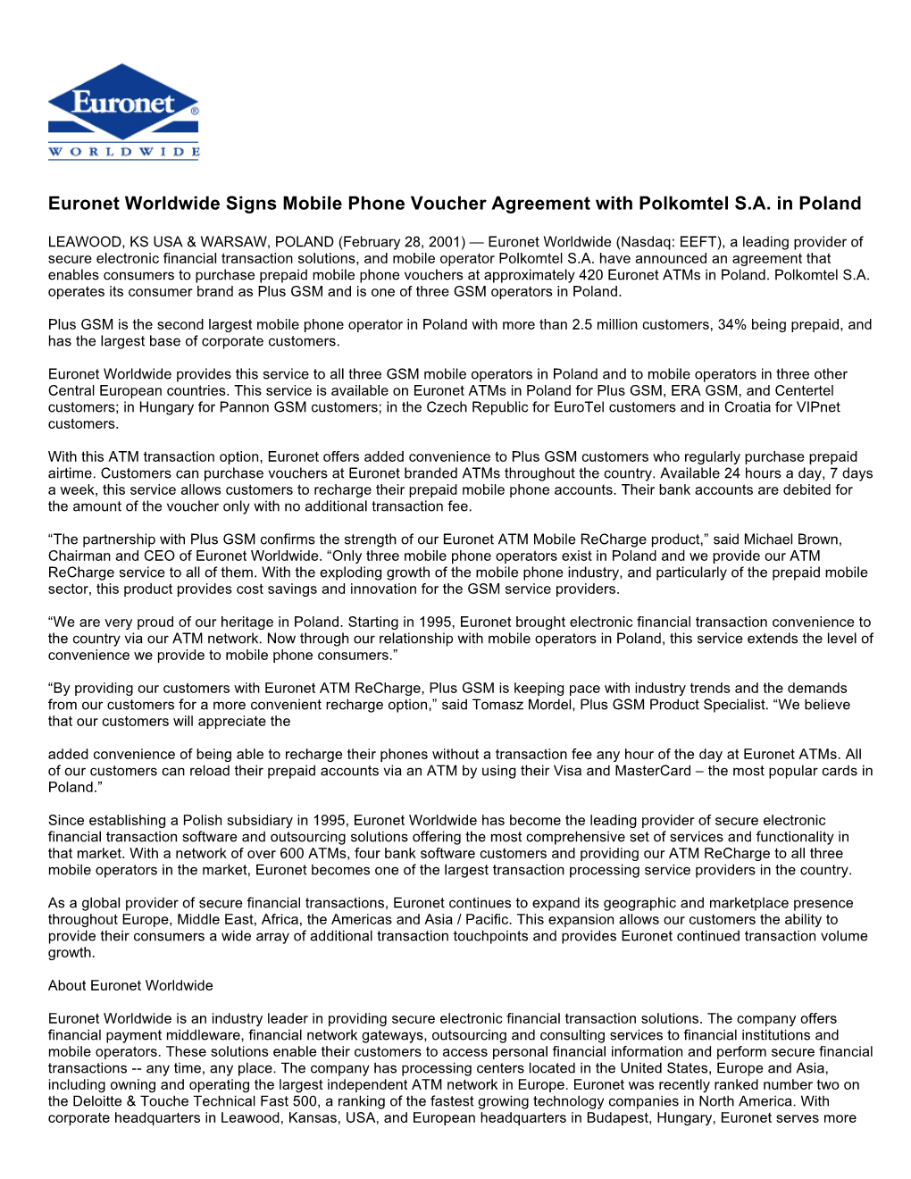 Euronet Worldwide Signs Mobile Phone Voucher Agreement with Polkomtel S.A