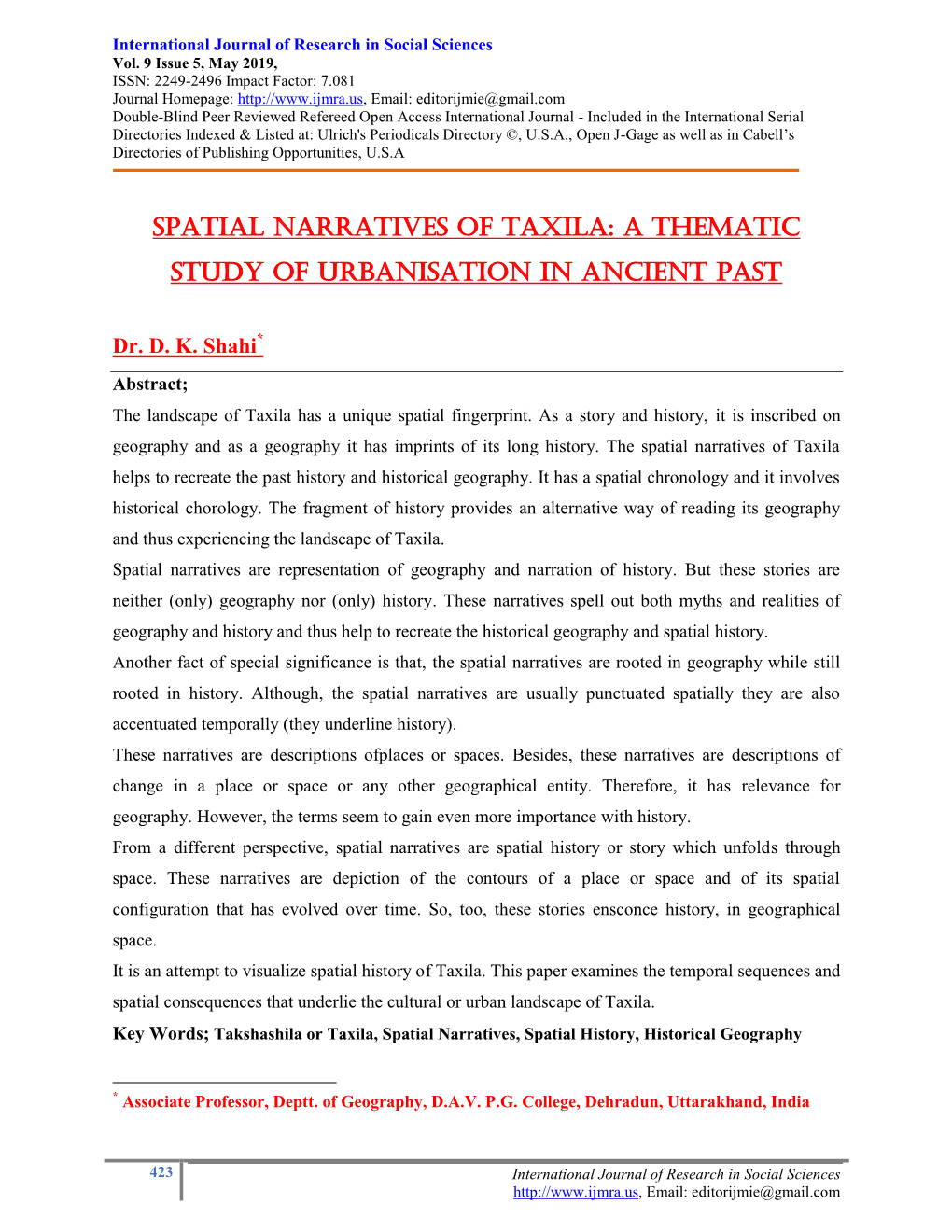 Spatial Narratives of Taxila: a Thematic Study of Urbanisation in Ancient Past