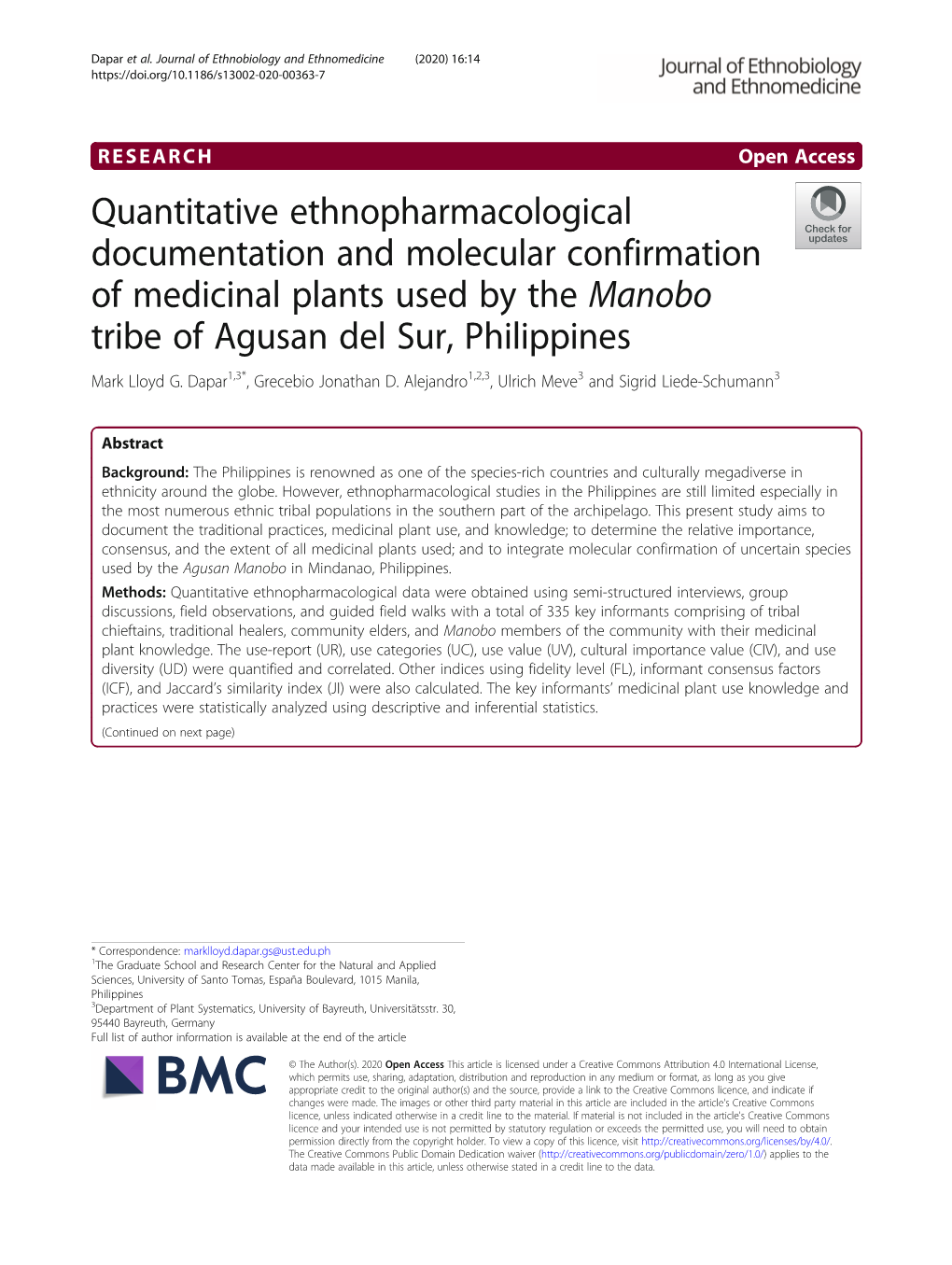 Quantitative Ethnopharmacological Documentation and Molecular Confirmation of Medicinal Plants Used by the Manobo Tribe of Agusan Del Sur, Philippines Mark Lloyd G