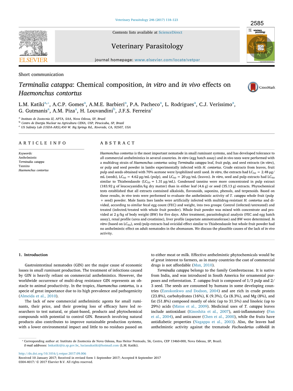 Terminalia Catappa Chemical Composition, in Vitro and in Vivo Effects on Haemonchus Contortus