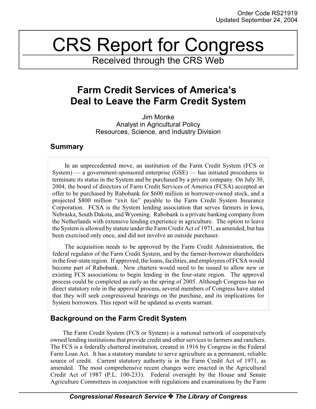 Farm Credit Services of America's Deal to Leave the Farm Credit System