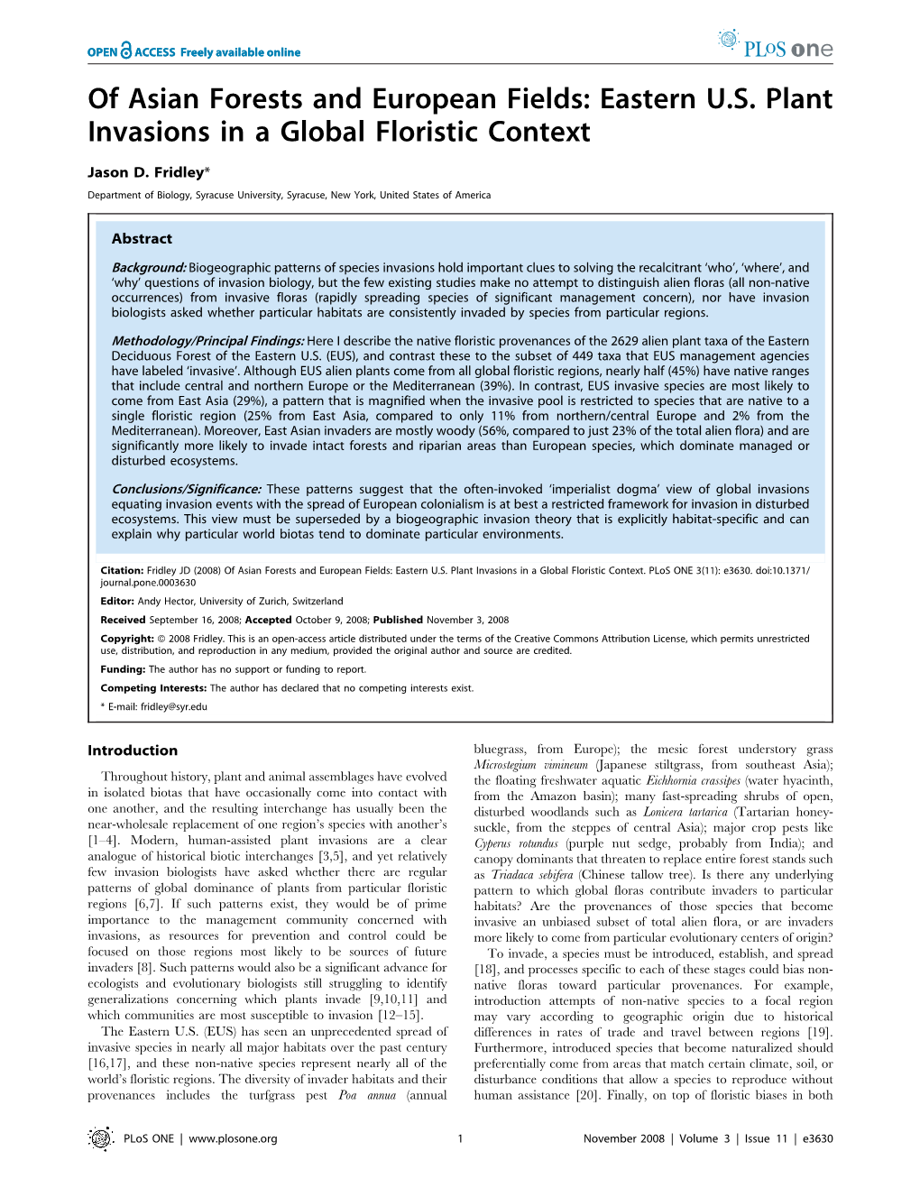 Of Asian Forests and European Fields: Eastern U.S. Plant Invasions in a Global Floristic Context