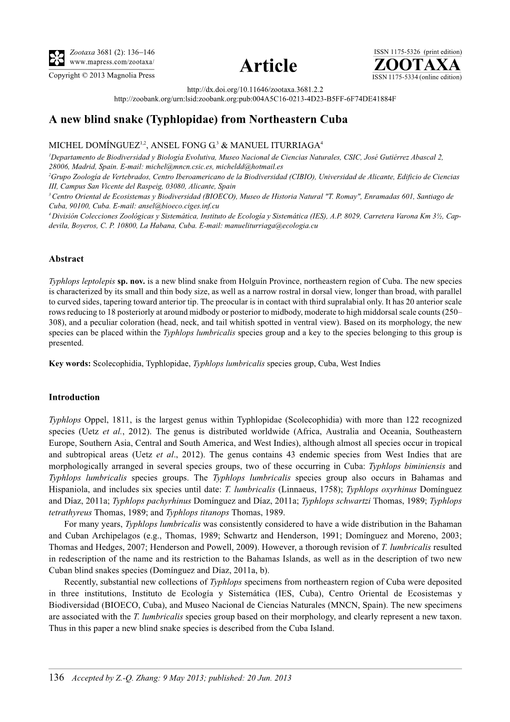 A New Blind Snake (Typhlopidae) from Northeastern Cuba