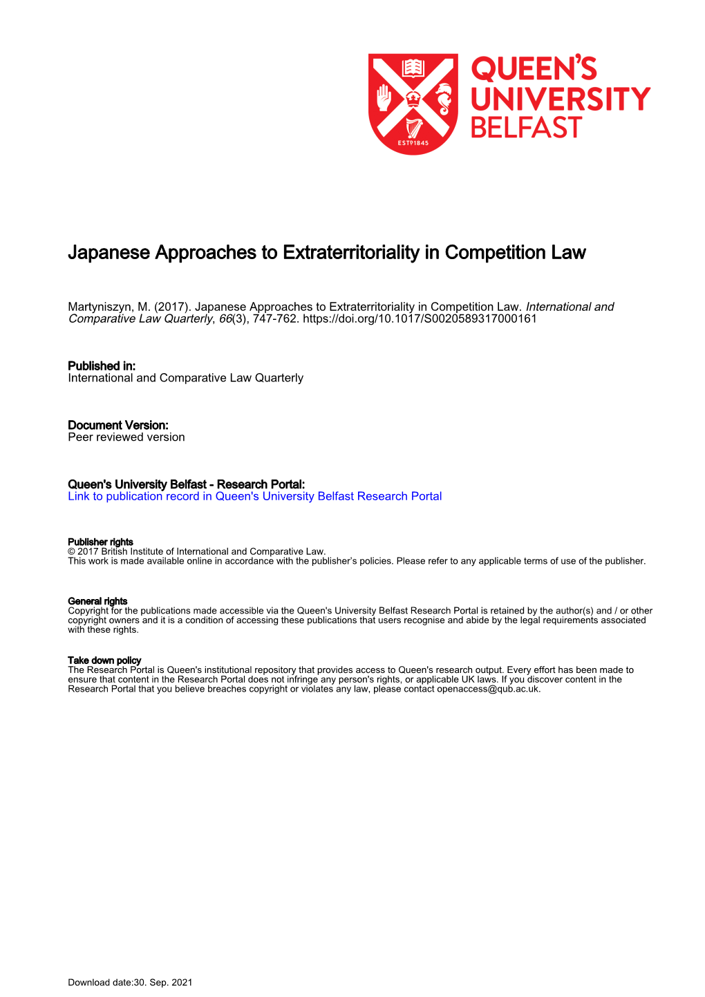 Japanese Approaches to Extraterritoriality in Competition Law
