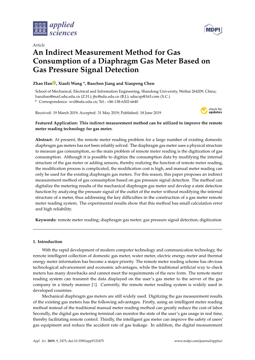 An Indirect Measurement Method for Gas Consumption of a Diaphragm Gas Meter Based on Gas Pressure Signal Detection