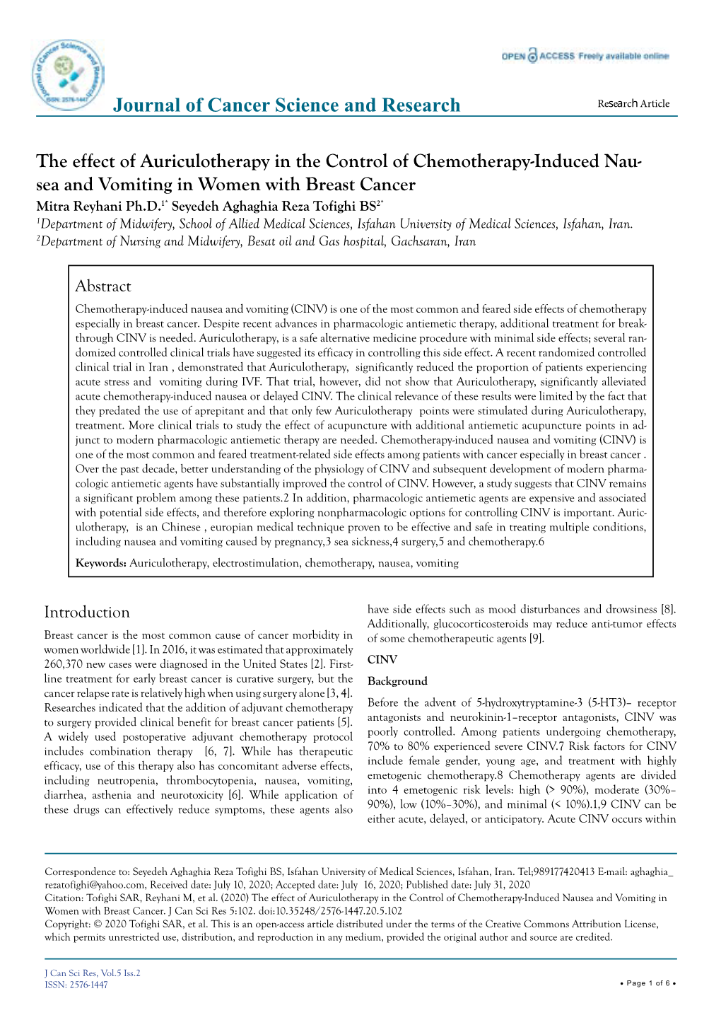 The Effect of Auriculotherapy in the Control of Chemotherapy-Induced Nausea and Vomiting in Receivedwomen Date: with Maybreast 07, Cancer