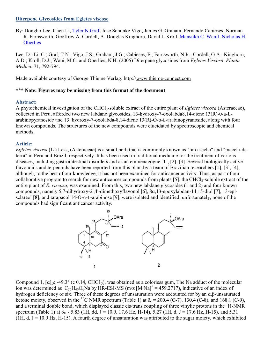 Diterpene Glycosides from Egletes Viscosa