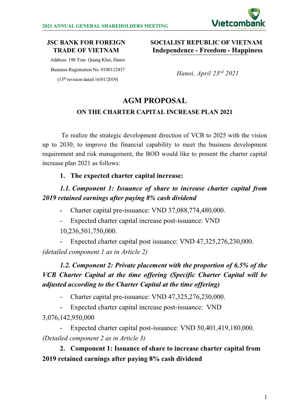 14. Proposal on Charter Capital Increase Plan 2021