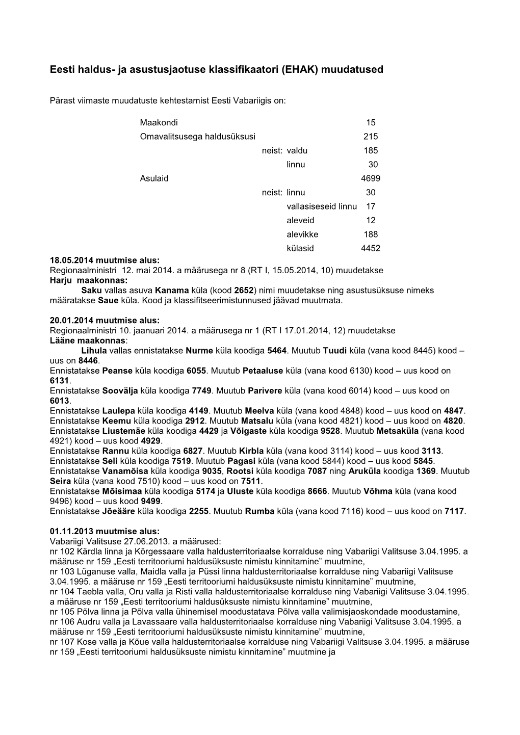 Eesti Haldus- Ja Asustusjaotuse Klassifikaatori (EHAK) Muudatused