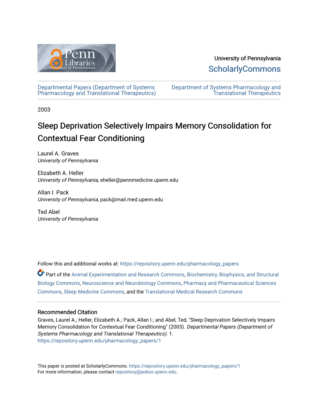 Sleep Deprivation Selectively Impairs Memory Consolidation for Contextual Fear Conditioning