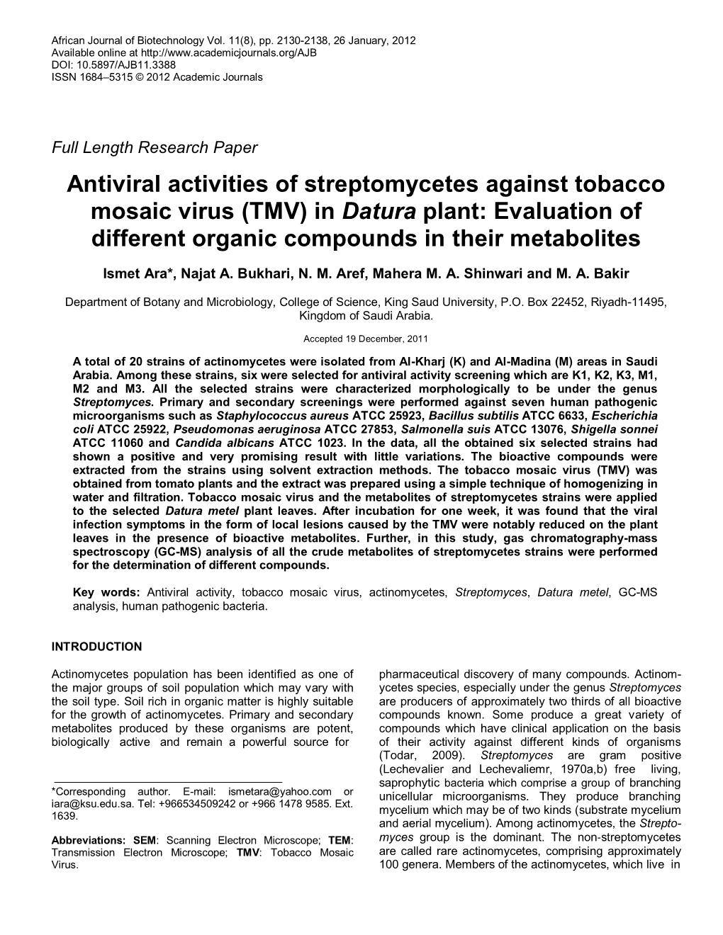 Antiviral Activities of Streptomycetes Against Tobacco Mosaic Virus (TMV) in Datura Plant: Evaluation of Different Organic Compounds in Their Metabolites