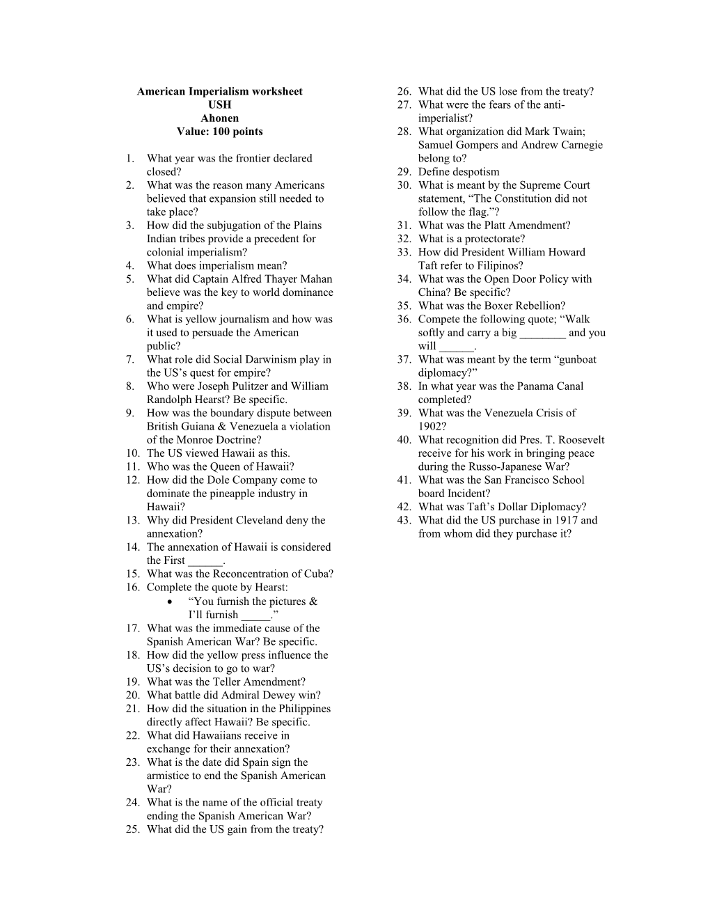 American Imperialism Worksheet