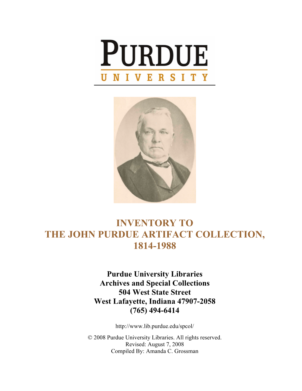 Inventory to the John Purdue Artifact Collection, 1814-1988