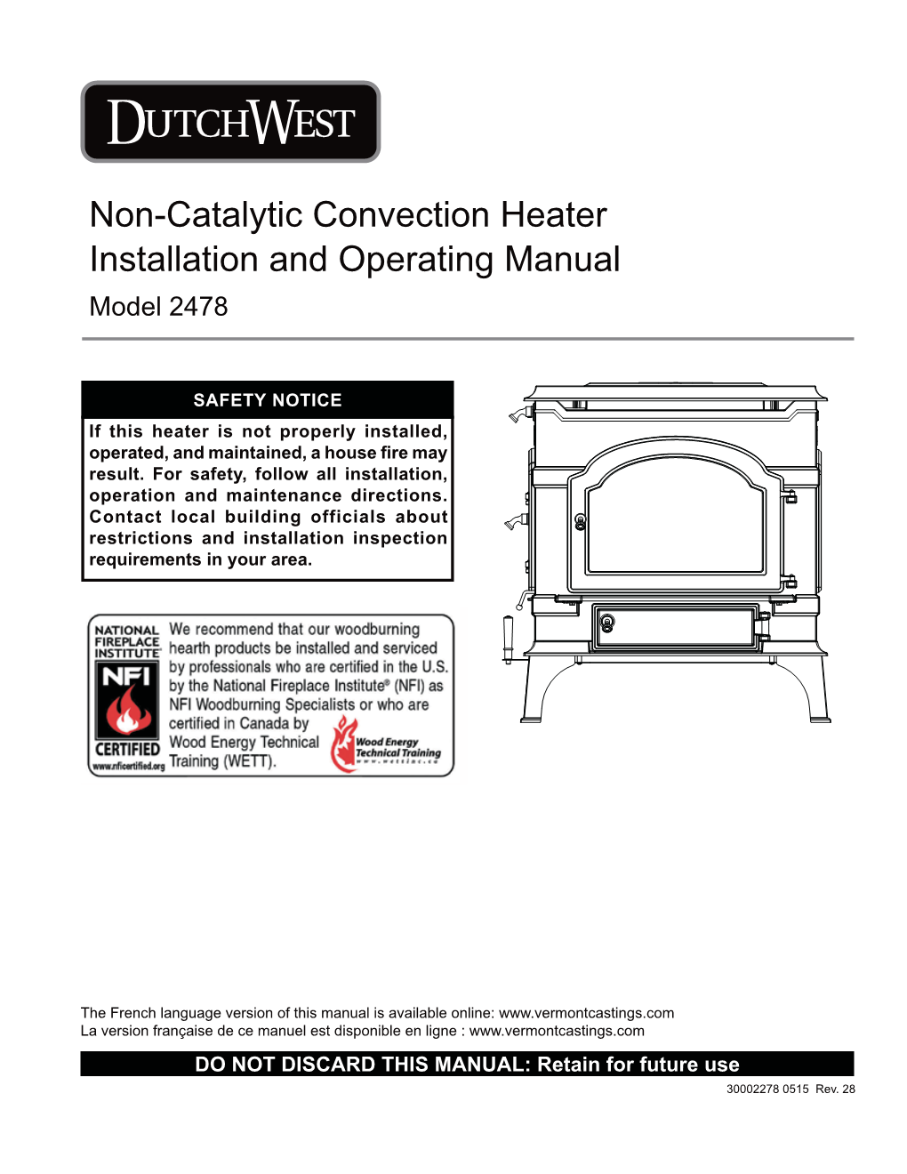 Non-Catalytic Convection Heater Installation and Operating Manual Model 2478