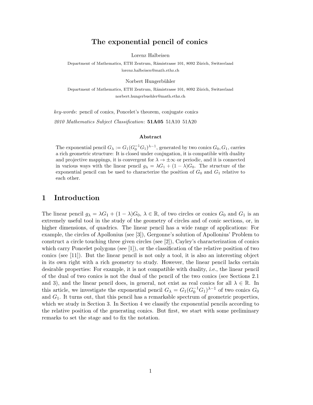 The Exponential Pencil of Conics 1 Introduction