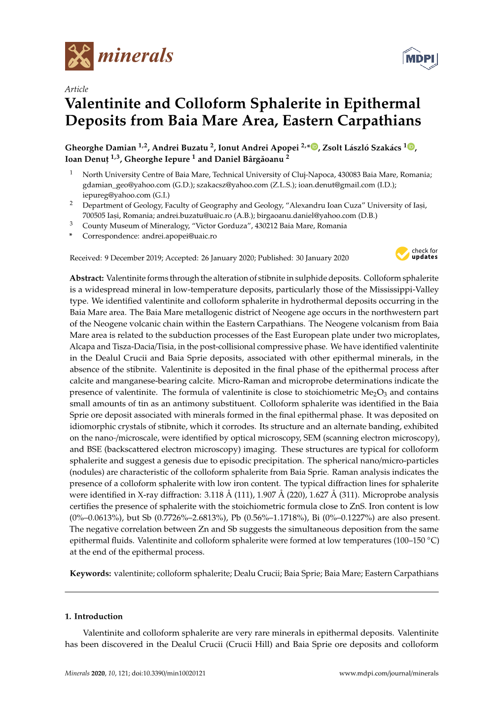 Valentinite and Colloform Sphalerite in Epithermal Deposits from Baia Mare Area, Eastern Carpathians